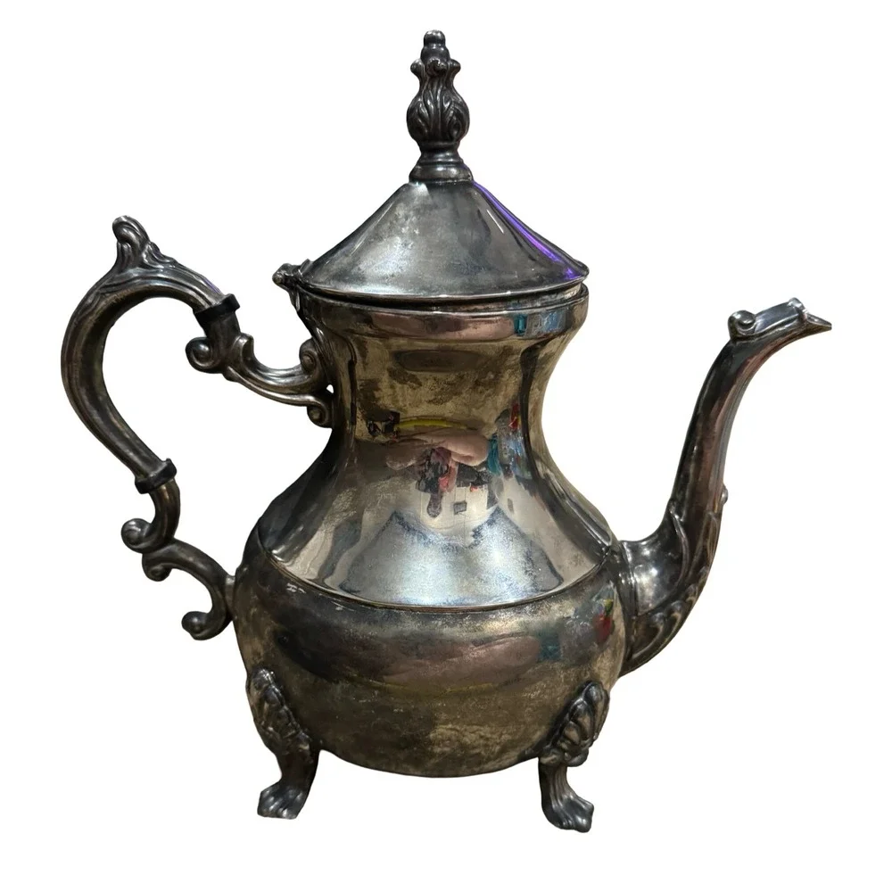 Vintage Silver Plated Footed Teapot Ornate Victorian Style Tea Pot with Finial